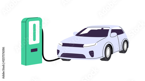 Electro car recharges battery on charging station. Electric automobile refuels with electricity at auto charger. Modern transport on sustainable energy. Flat isolated vector illustration on white