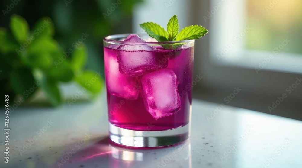 Refreshing Purple Beverage with Ice Cubes and Mint Garnish on a Bright Surface Refreshing Purple Beverage with Ice Cubes and Mint Garnish on a Bright Surface