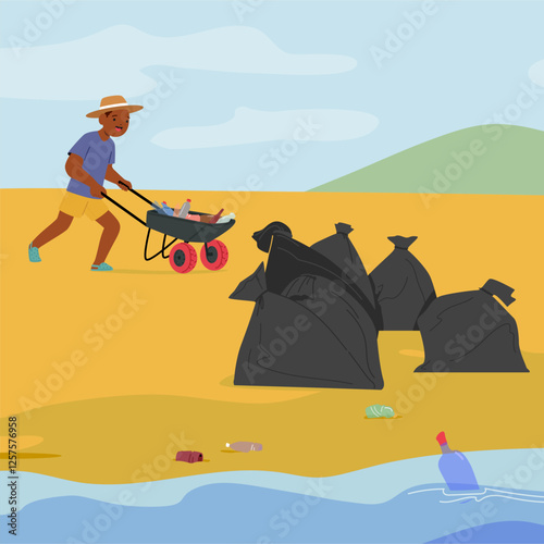 Happy experienced boy child character participating environmental voluntary activity at seacoast