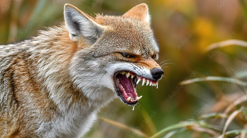 Naklejka premium Aggressive rabid dog snarling with frothy saliva, intense eyes, and raised fur, isolated on a blurred background. Concept of danger, wild animal behavior, and rabies awareness