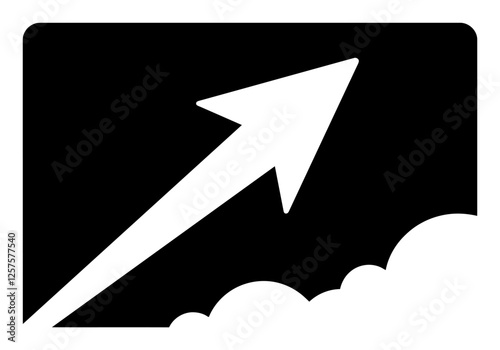 A white arrow pointing upwards on black rectangular background with cloud shape.