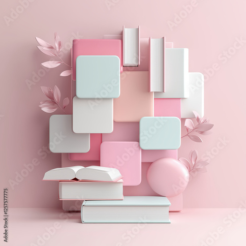 Modern Abstract Composition with Books and Geometric Shapes in Pastel Pink and Mint