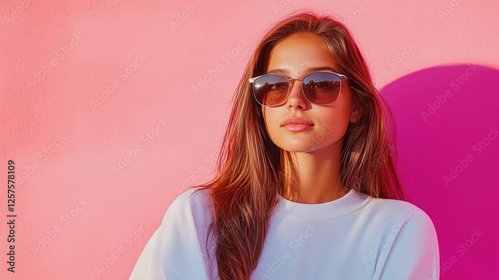 Young Woman in Stylish Sunglasses Against Pink Gradient Background Young Woman in Stylish Sunglasses Against Pink Gradient Background