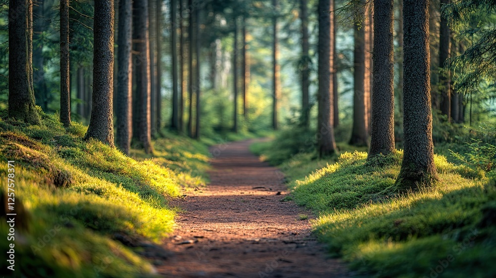 Sunlit Path Through a Lush Green Forest Sunlit Path Through a Lush Green Forest