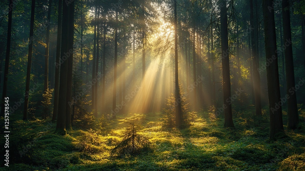 Obraz premium Sunbeams Illuminate a Mystical Forest Scene