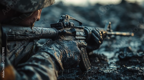 Soldier crouches in muddy terrain while readying weapon during training exercise at dawn