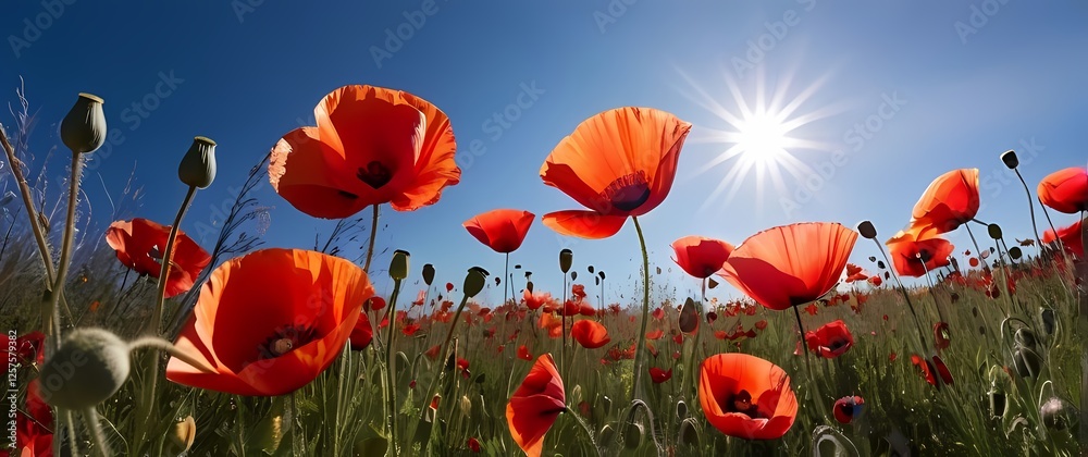 Obraz premium Vivid poppies swaying in the wind under a bright blue sky celebrating springtime and the beauty of wildflowers