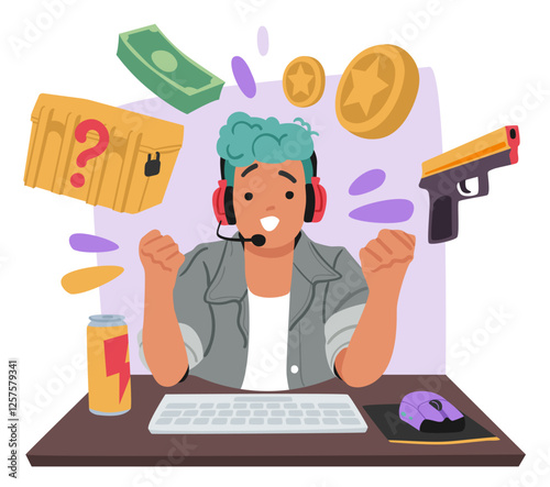 Teenage boy child cartoon game streamer character developing vlog and earning money cash online