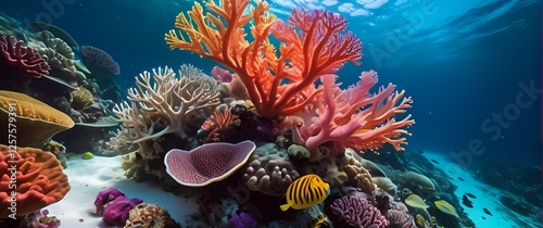 Vivid underwater coral garden teeming with colorful sea life promoting conservation and appreciation of marine ecosystems photo