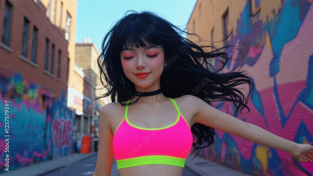 Naklejka premium Young woman enjoying a vibrant moment in a street art alley during daylight with flowing hair and colorful attire