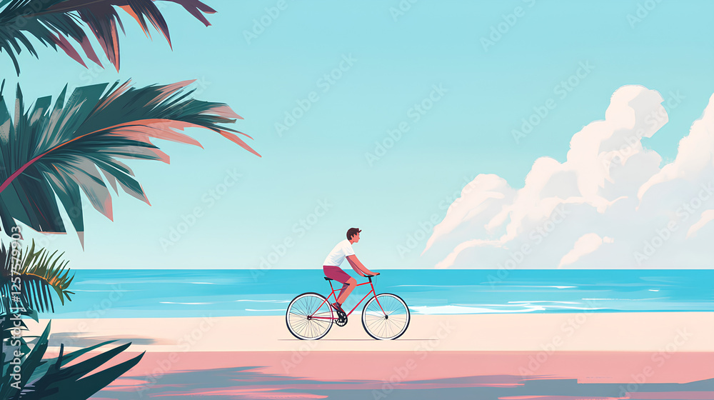 Fototapeta premium Illustration of a person riding a bicycle on the beach 