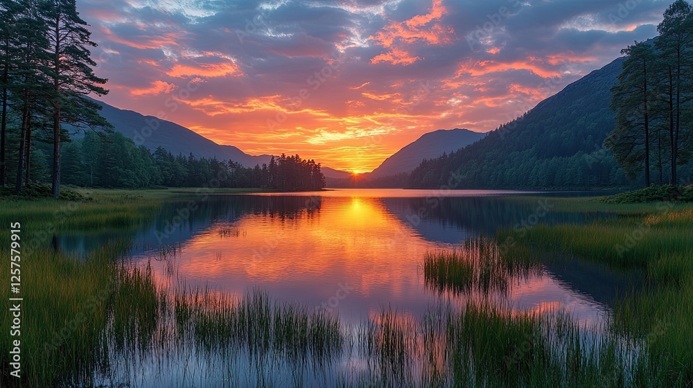 Fototapeta premium Majestic Sunset Over Calm Mountain Lake and Trees