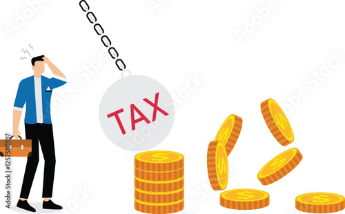 A businessman panics seeing a metal ball with tax written on it crushing a pile of coins. Illustration for paying taxes, tax deductions, taxable income
