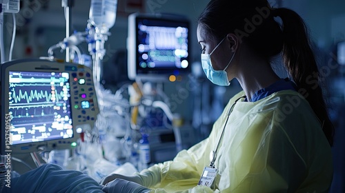 A nurse in medical mask operates hospital monitoring equipment in modern intensive care unit. The blue-lit environment reflects focus on technology healthcare in a critical care setting. Generative AI
