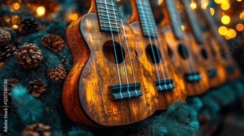 Holiday Ukuleles Displayed by Christmas Trees photo