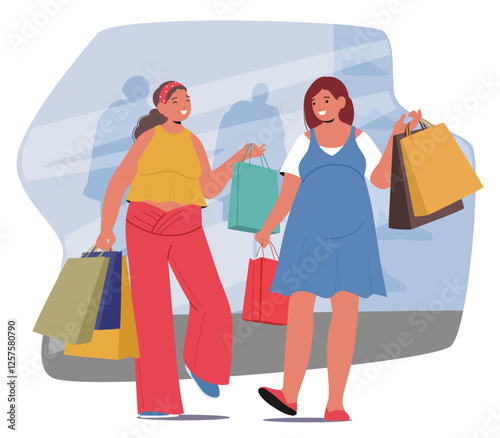 Happy excited pregnant women friends enjoying shopping together at city fashion boutique store