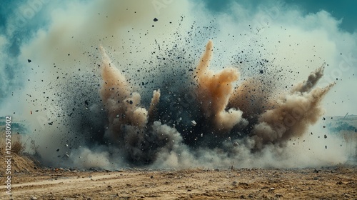 Explosive detonation creating a massive cloud of dust and debris in an open area during a clear day