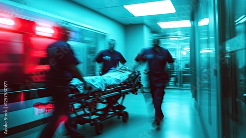 Emergency responders in red uniforms transport a patient on a stretcher during a nighttime rescue operation. The dramatic scene is illuminated urban lights and emergency vehicle signals. Generative AI