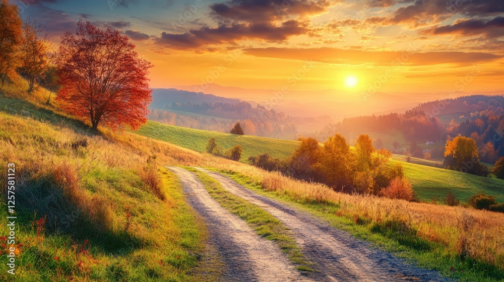 A vibrant autumn landscape at sunset with rolling hills, colorful trees, and a golden sky. The scene captures the beauty of nature during fall, with warm tones and a peaceful atmosphere. Generative AI A vibrant autumn landscape at sunset with rolling hills, colorful trees, and a golden sky. The scene captures the beauty of nature during fall, with warm tones and a peaceful atmosphere. Generative AI