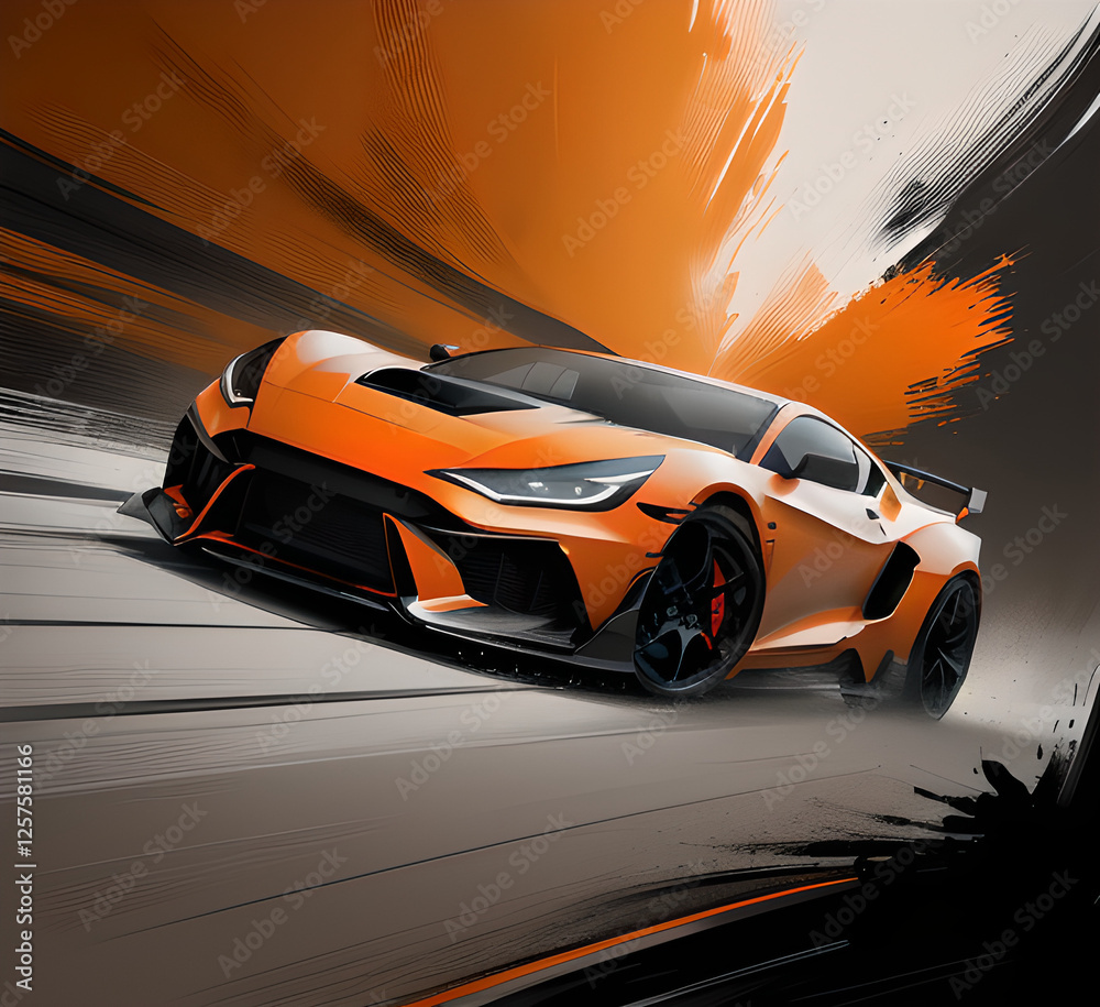 Naklejka premium Orange sports car driving on highway. Car in fast motion. Fast moving supercar on street. illustration.night track with colorful lights and trails.generative ai