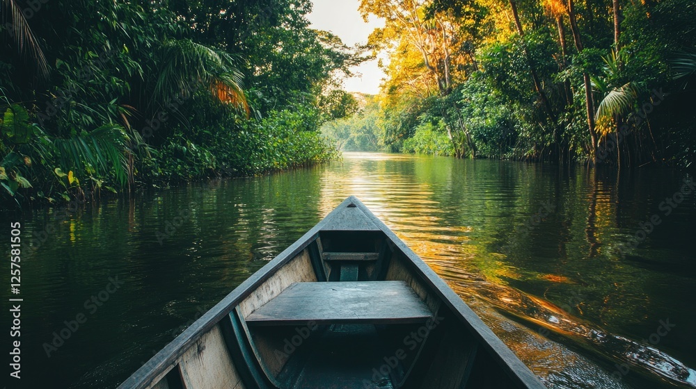 Obraz premium A wooden canoe glides through a calm river surrounded by dense rainforest under a golden sunset. The scene captures the serenity of tropical nature and the beauty of quiet exploration. Generative AI