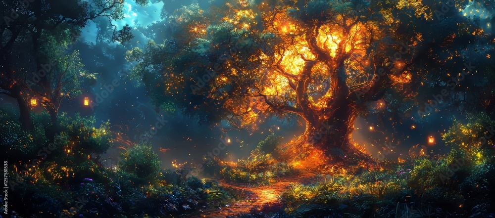 A mystical forest rich in big trees and splendid vegetation, set as a digital painting background A mystical forest rich in big trees and splendid vegetation, set as a digital painting background