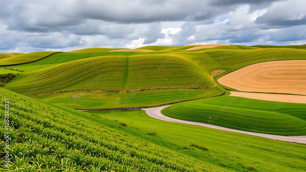 Fototapeta premium Rolling green hills and agricultural fields under cloudy skies, with a winding road.