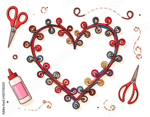 A cute and artistic doodle of paper quilling strips, scissors, glue bottles, and swirly paper curls, drawn in a fun sketchy style