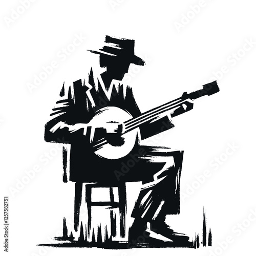 Minimalist black and white hand-drawn banjo player brush illustration
