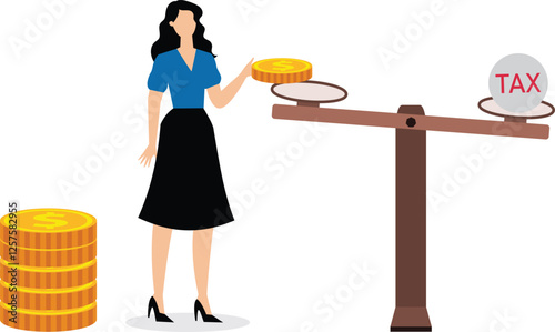 A businesswoman puts coins on a scale that is weighed down by tax papers. Illustration for paying taxes, tax deductions, taxable income