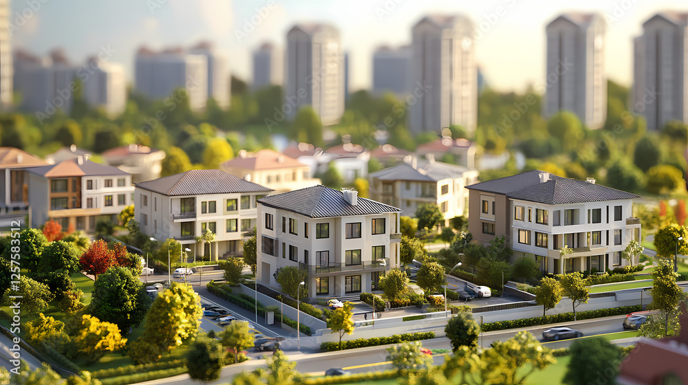 Obraz premium Modern suburban neighborhood with elegant houses and green spaces. Generative AI