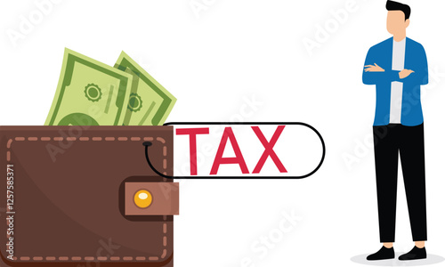 A businessman crosses his arms looking at money in a wallet with a tax clip. Illustration for paying taxes, tax deductions, taxable income