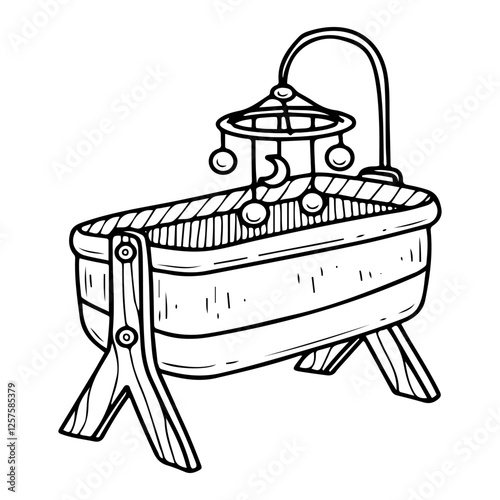 Cradle bed for baby. Hand drawn doodle. Crib with developing mobile for small child to sleep. Cot. Childhood. Vector line art illustration.