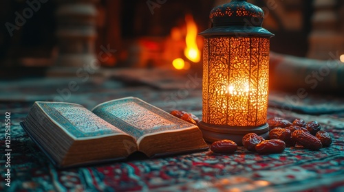 Illuminated Quran, lantern, dates, fireplace background.  Ramadan or Islamic celebration photo