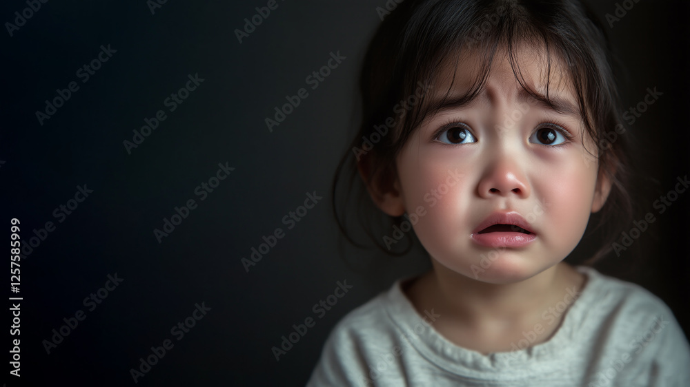 Upset Sad Child Kid Toddler Crying Close-up, Poor Abandoned Asian Chinese Orphan Child Abuse or Bullying, Tantrum, against Dark Background with Copy Space Banner Upset Sad Child Kid Toddler Crying Close-up, Poor Abandoned Asian Chinese Orphan Child Abuse or Bullying, Tantrum, against Dark Background with Copy Space Banner