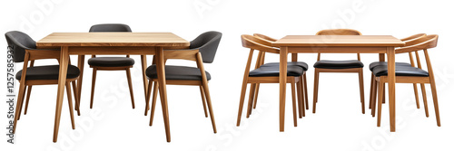 Set of Quail eggs in a wooden bowl, isolated on white background - Set of a Modern solid wood dining table with four chairs, isolated on white background.