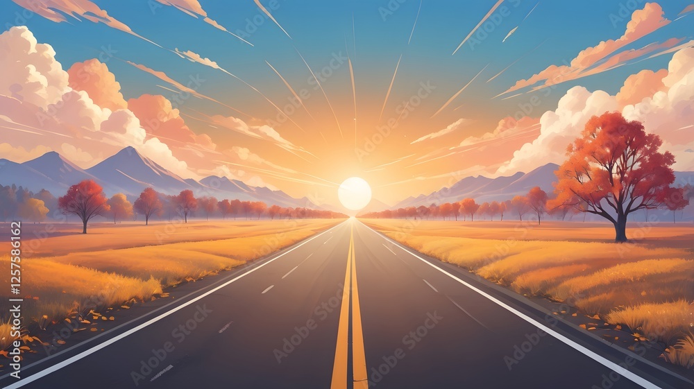 An AI-generated serene open road stretching endlessly into the horizon, bathed in beautiful sunset colors. The peaceful sky & soothing clouds create a dreamy, poetic background for travel & adventure.