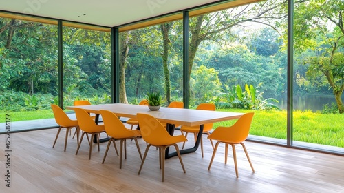 Modern dining room, forest view, sunlight, luxury home