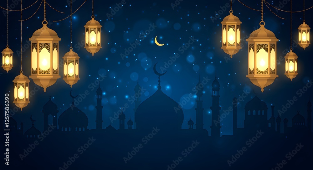 Fototapeta premium Serene Nighttime Scene with Hanging Lanterns and Mosque Silhouette. ramzan, chand raat , eid background .