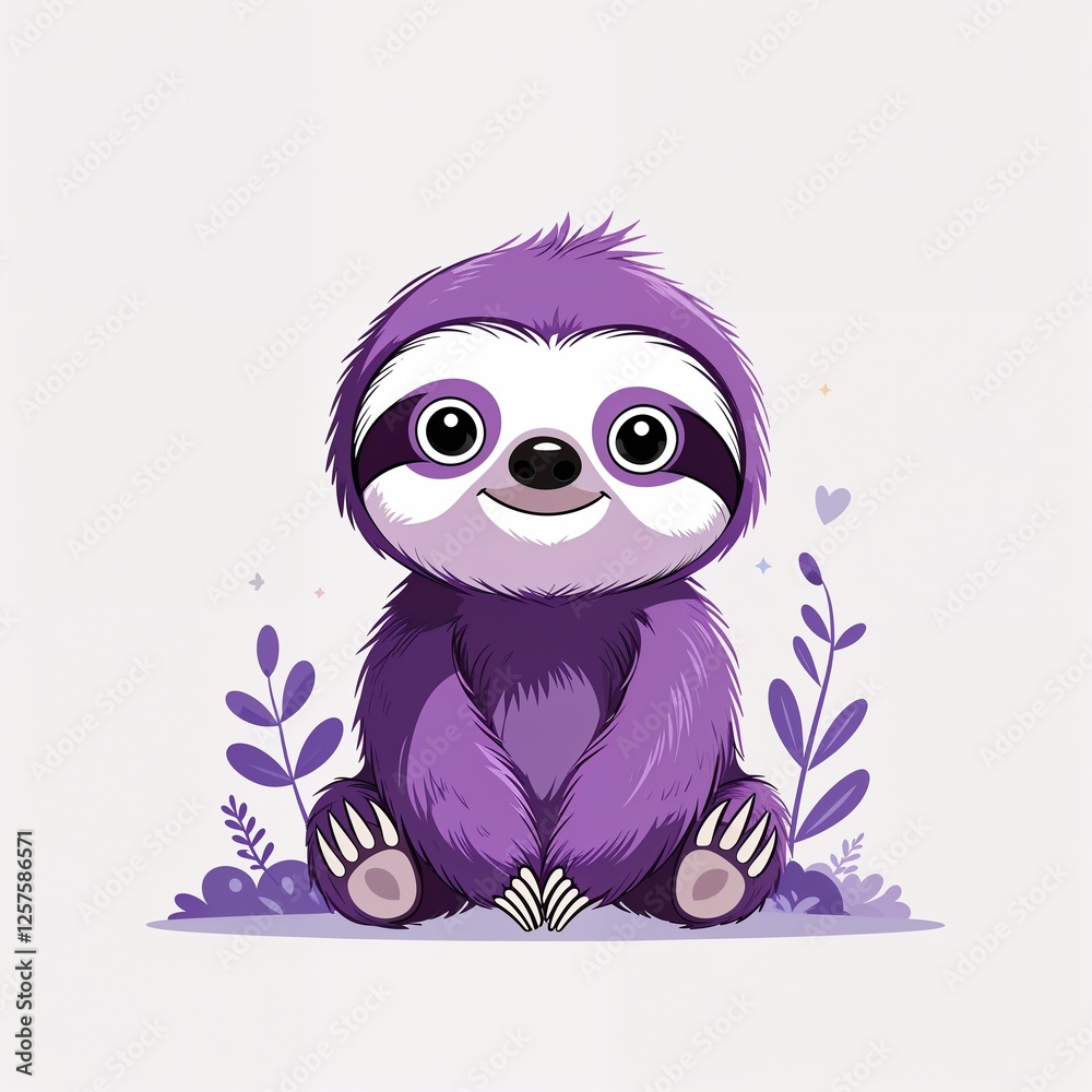 Obraz premium Cute purple sloth cartoon illustration on plain white background