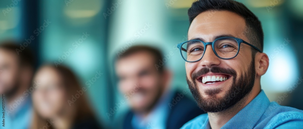 Obraz premium Smiling Businessman in Meeting with Colleagues