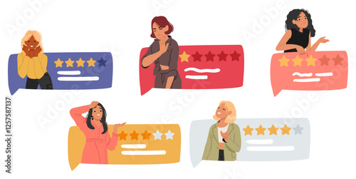 Women cartoon characters giving various feedback customers review evaluating product or service