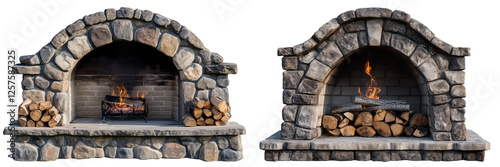 Set of Quail eggs in a wooden bowl, isolated on white background - Set of a Fireplace with stone arch and firewood, isolated on white background.
