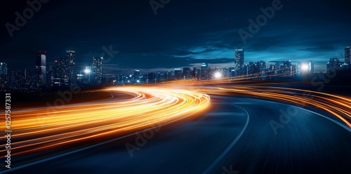 Dynamic flash effects of racing cars with long exposure night lights on a city road, creating blurred fast-moving light streaks in the background photo