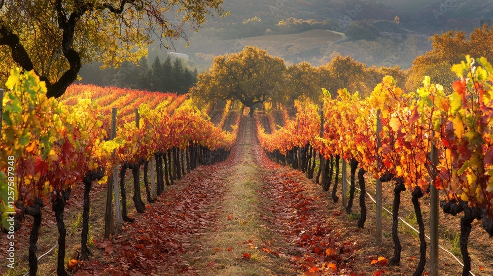 Naklejka premium Vineyard with rows of grapevines in autumn colors, featuring vibrant yellow, orange, red leaves. Hills in the background under partly cloudy sky. Autumn harvest wine production theme. Generative AI