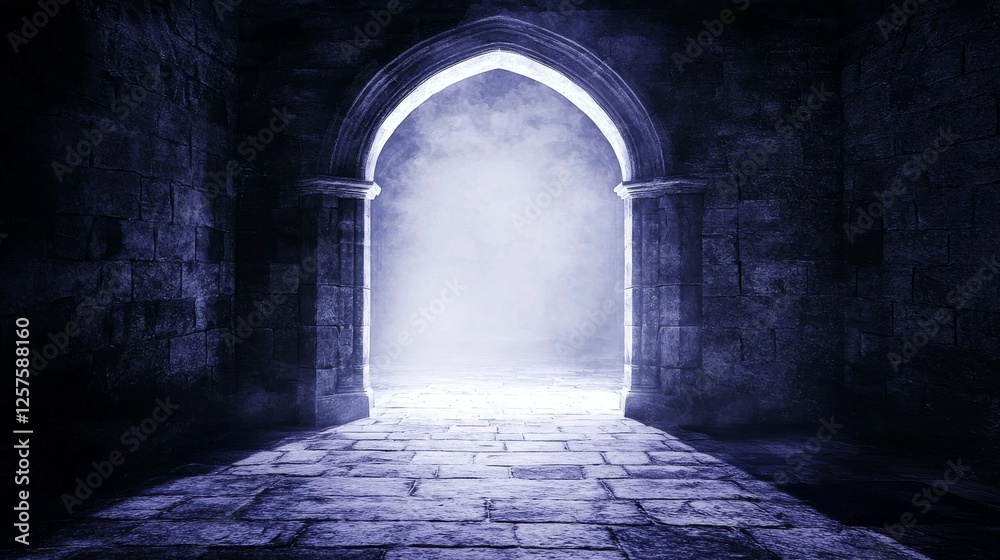 Obraz premium An illustration of a dark fantasy dungeon in ancient ruins, showcasing a mystical temple entrance and a mysterious castle portal, designed as a digital art concept for an adventure game wallpaper.