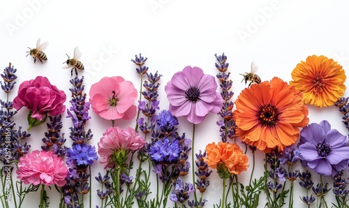 Flowers in vibrant colors from the meadow and garden, with insects, featured on a transparent stage photo