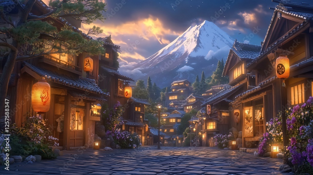 Serene Night in a Japanese Village with Mount Fuji Serene Night in a Japanese Village with Mount Fuji