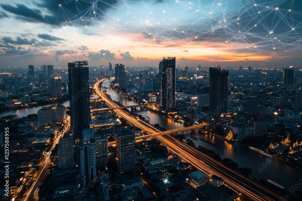 Obraz premium Big data connection technology is depicted by light trails from speed lines that illuminate a smart city