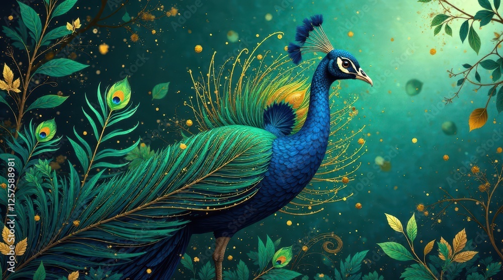 Fototapeta premium Majestic Peacock in a Sparkling Emerald Forest, Adorned with Golden Accents and Lush Foliage